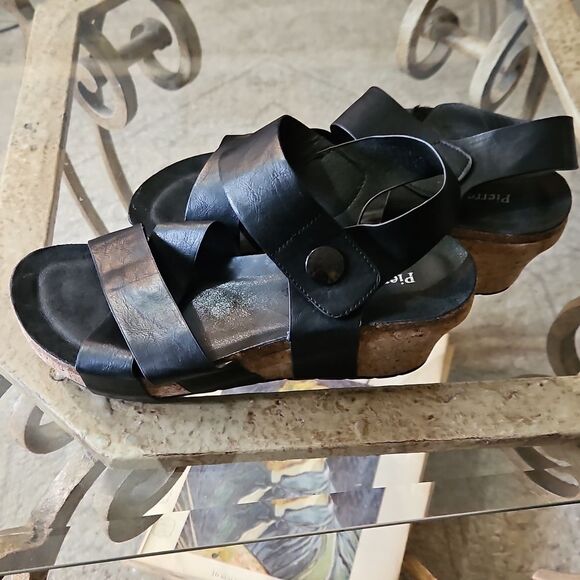 Pierre Dumas Chantal 4 Black Wedge Open Toe Sansals Size 9 - Picture 5 of 9
